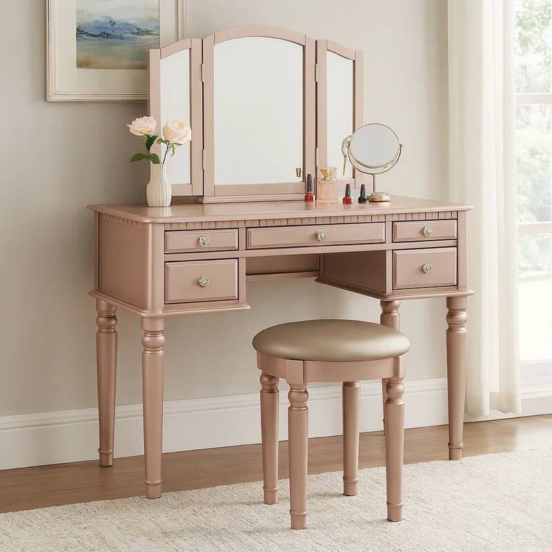 Vanity Set with Turned Tapered Legs and Three Piece Mirror, Rose Gold