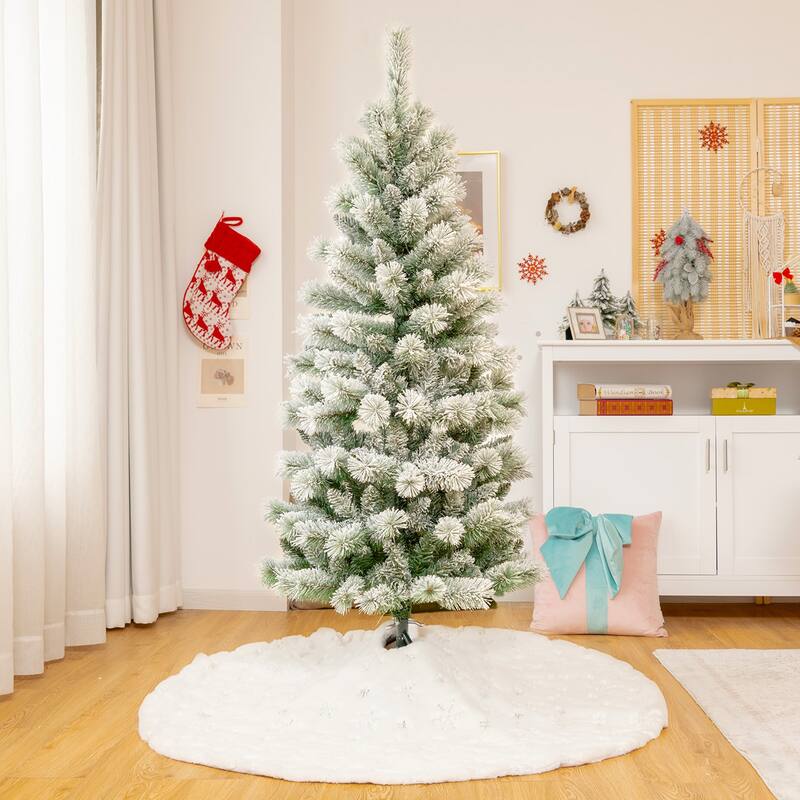 Gymax 5/6/7.5/8 ft Pre-lit Snow Flocked Artificial Christmas Tree w/