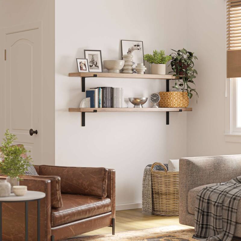Wallniture Menton 60" x 9.25" Rustic Shelves for Wall Decor, Floating Book Shelves, Wall Mounted, Living Room Decor, Burnt, 2 Pc