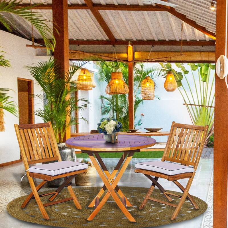 Seven Seas Teak 3 Piece Teak Wood Long Beach Patio Bistro Dining Set, 36" Round Folding Table with 2 Folding Side Chairs