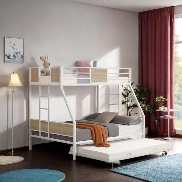 slide 2 of 11, Twin over Full Metal Bunk Bed with Trundle, White & Brown White