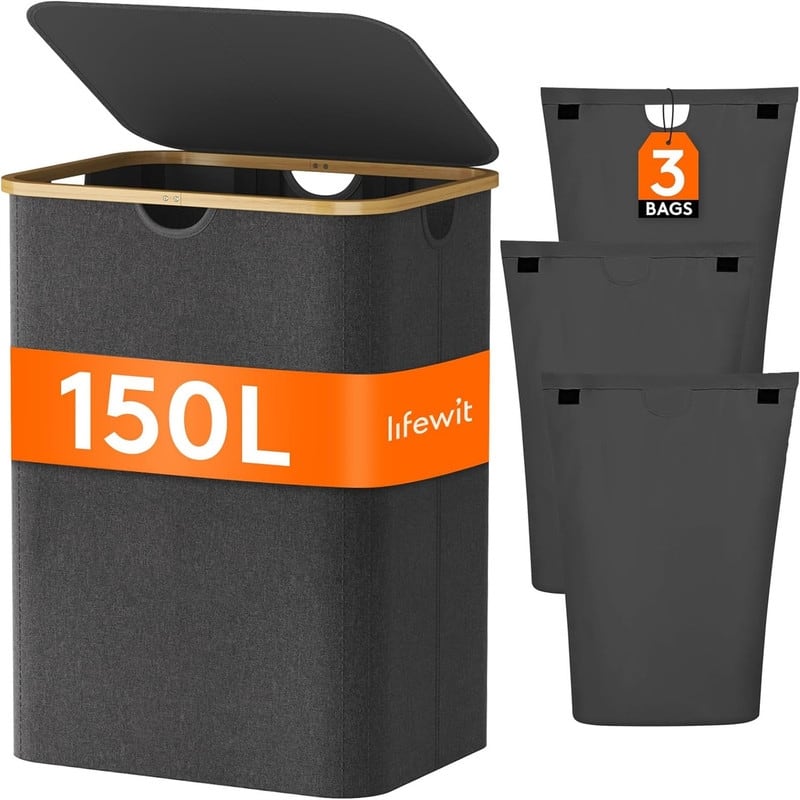 150L Laundry Basket with Lid 3 Section - 21.06"L x 15.75"W x 27.56"H