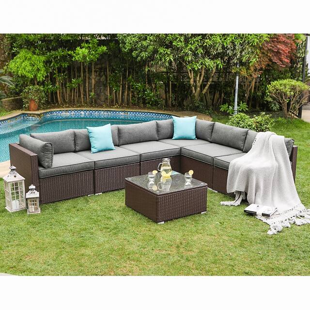 COSIEST 7-piece Outdoor Patio Furniture Wicker Sectional Sofa Set - Dark Grey