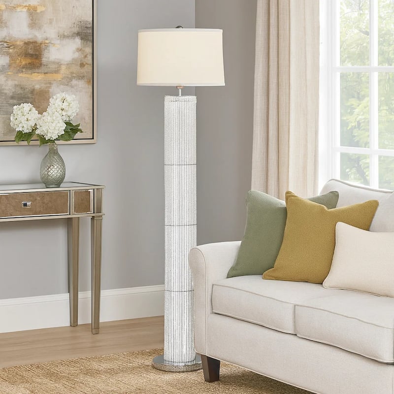 Jin 57 Inch Floor Lamp, Gray Drum Fabric Shade, Modern Round Silver Base