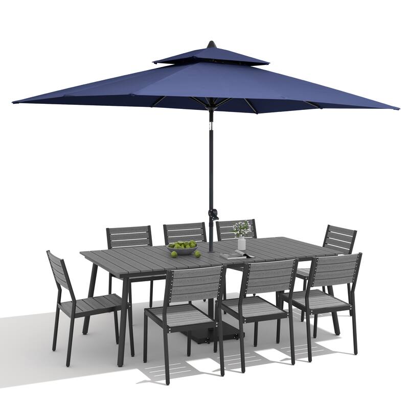 11-Piece Outdoor Dining Set Aluminum Table and 8 Stackable Chairs w/ 10 ft Umbrella and Base Stand