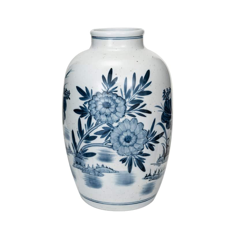 Hand-Painted Urn Shaped Stoneware Vase with Wide Opening - Blue - 9.3"L x 9.3"W x 14.5"H
