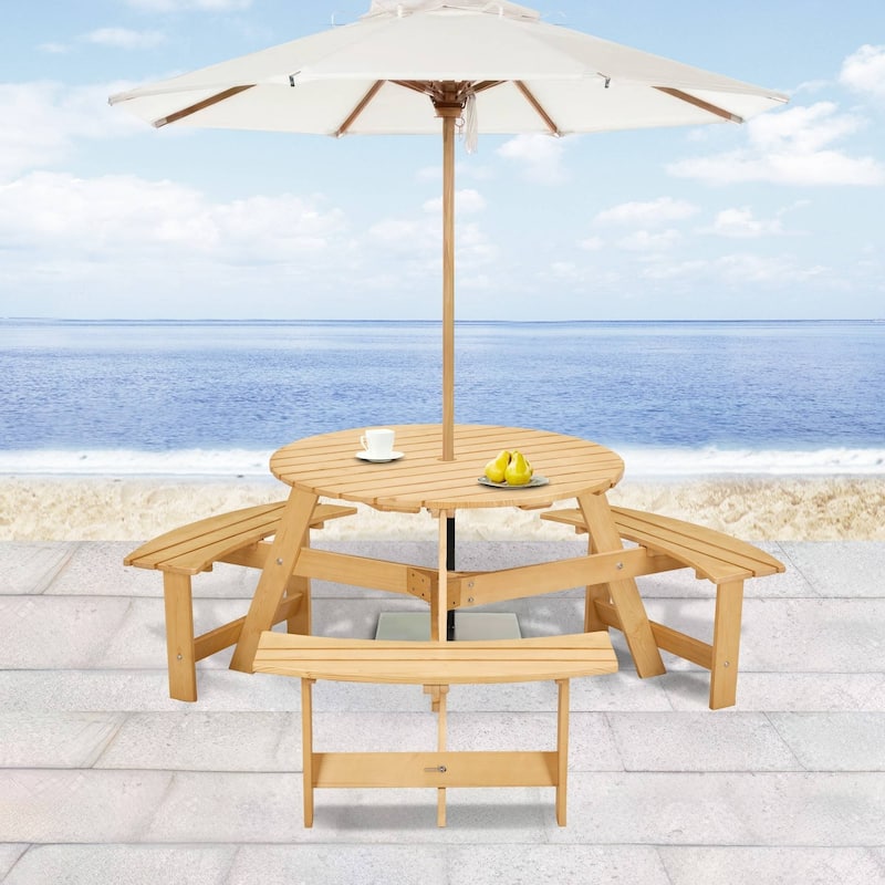 6-Person Round Outdoor Picnic Table with 3 Double Benches