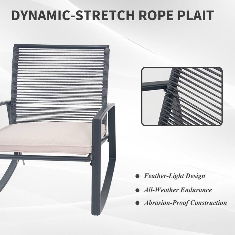 Domi Outdoor 3-Piece Wicker Rocking Chair Set, Patio Conversation Set with Removable Textilene Cushions & Metal Coffee Table