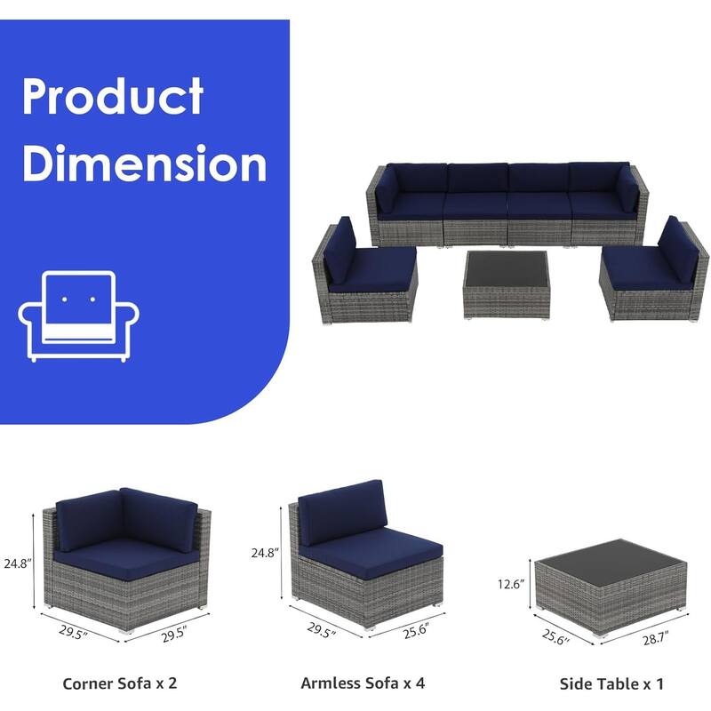 7 Pieces Patio Furniture Set, Outdoor Sectional Conversation Wicker Rattan Sofa Couch with Glass Table and Cushions, 7 PCS, Blue