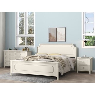 Milky White 3 Pieces Bedroom Sets King Size Platform Bed with Headboard ...