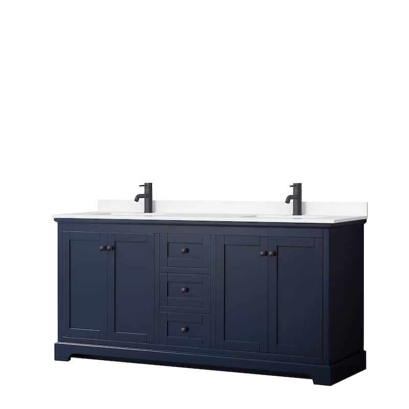 Avery 72 Inch Double Vanity, Cultured Marble Top - Dark Blue, Black Trim, White Cultured Marble Top