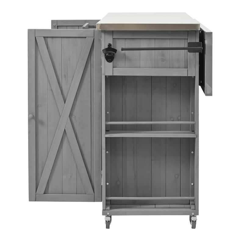 Outdoor Kitchen Island with Foldable Stainless Steel Top & Bottle Opener, Fir Wood Kitchen Island with Shelves and Towel Racks