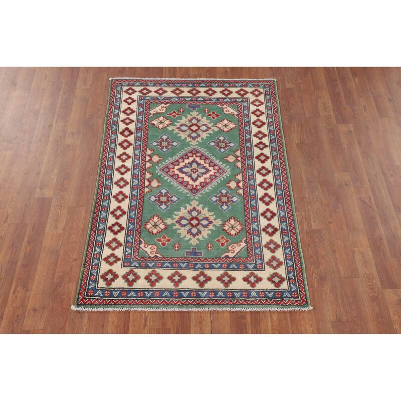 Green Geometric Kazak Foyer Rug Hand-Knotted Wool Carpet - 3'3" x 4'10"