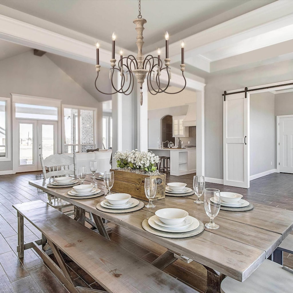 Farmhouse 6-Light Rustic Wood Classic Chandelier for Living Dining Room