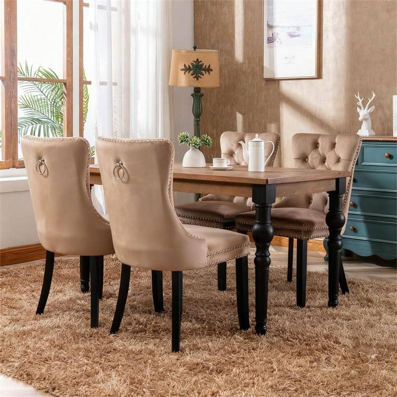 Solid Wood Velvet Upholstered Dining Chair Set of 4 - Khaki