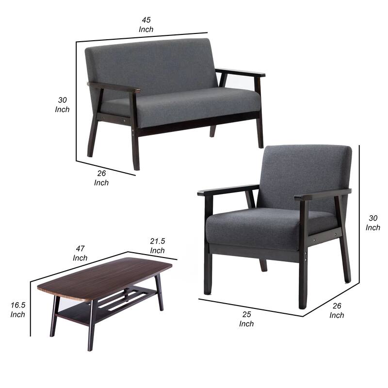 Gala 3 Piece Modern Coffee Table, Loveseat, Chair Set, Dark Brown, Gray