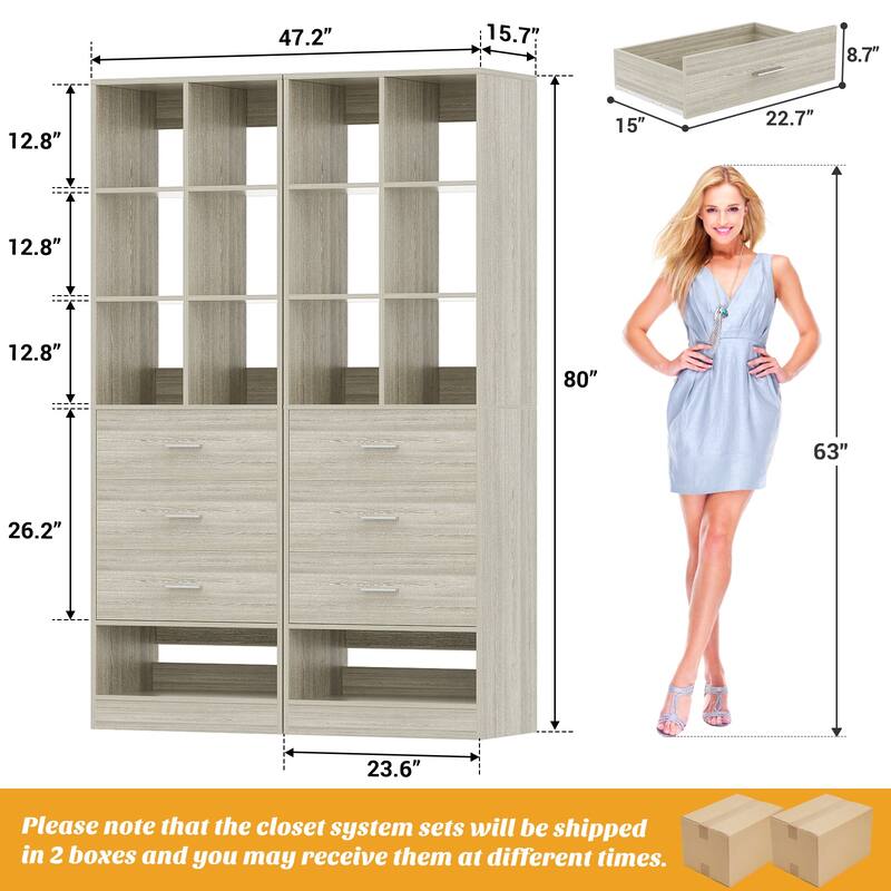 Qvella 23.6'' W Closet System with 3 Wooden Drawers and Partition Storage,Modular Closet Organizer for Walk-in/Reach-in Closet