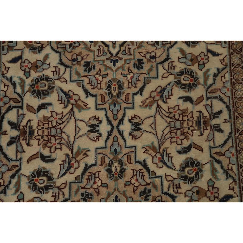 Hand Knotted Oriental 100% Wool Carpet Traditional Floral Beige & Ivories Kashan Runner Rug - 12' 8'' X 3' 3''