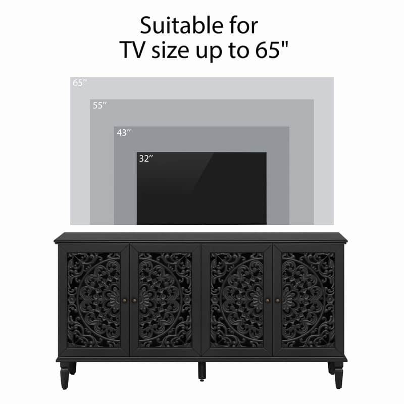 60" Antique Buffet Sideboard with Floral Carvings Solid Wood Legs and Adjustable Shelves for Versatile Storage