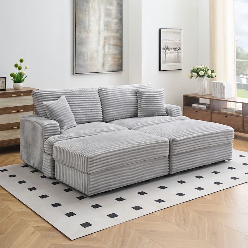 Corduroy Sleeper Sectional Sofa Loveseat Couch with 2 Storage Ottomans