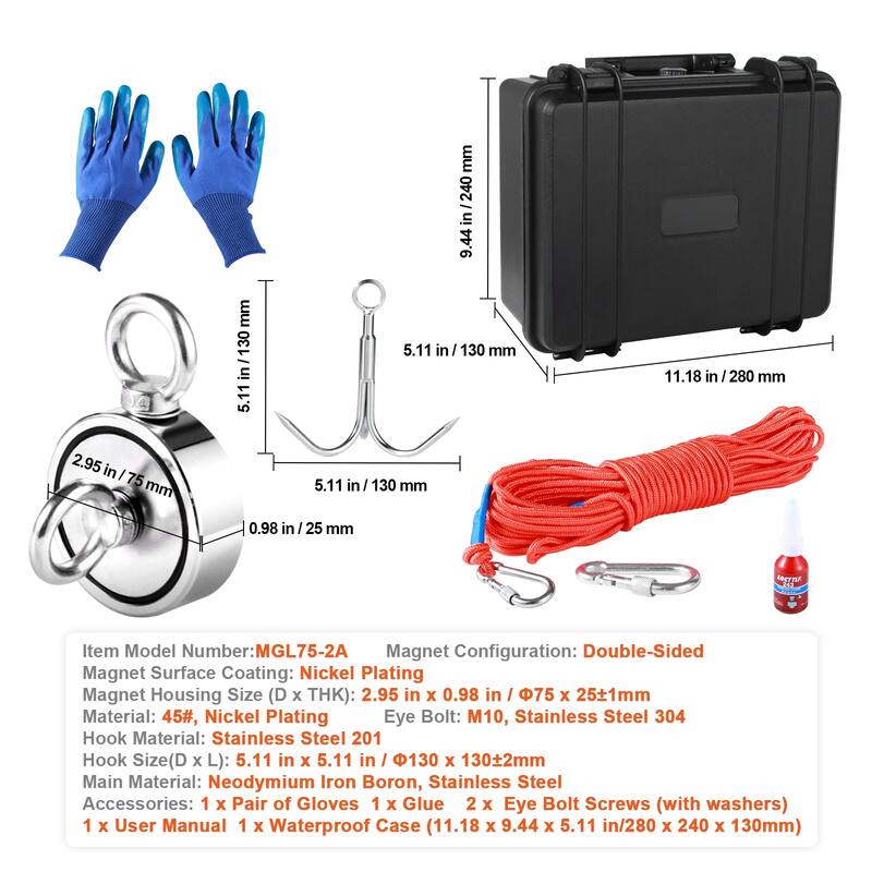 Magnet Fishing Kit Grappling Hook, Waterproof Case, Gloves, Threadlocker, Eye Bolt - 1200lbs 2.95inch