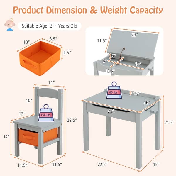 dimension image slide 1 of 4, Multifunctional Kids Table and Chairs with Storage Space - 23" x 16" x 21.5"(L x W x H)