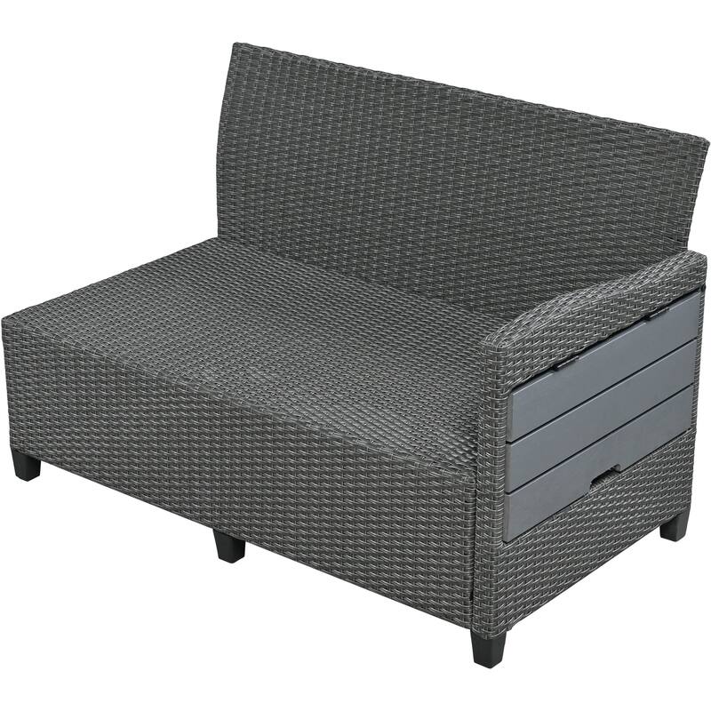 All Weather Outdoor PE Wicker Conversation Set of 5, L Shaped Patio Rattan Sectional Sofa Set with 2 Extendable Side Tables