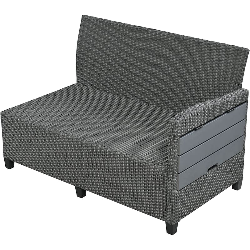 Roomfitters 5-Piece Outdoor Rattan Sofa Set, Patio Sectional Furniture with Dining Table, Storage Bench, Side Trays