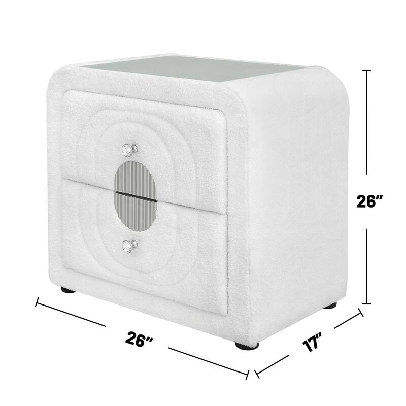 2 Drawers Teddy Sherpa Nightstand with Crystal Button in White and Chrome