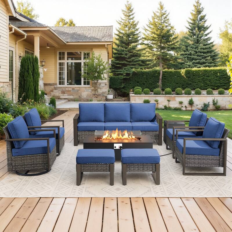 Meyreso Wicker Outdoor Patio Fire Pit Set with Swivel Gliders and 4.5-Inch Olefin Cushions