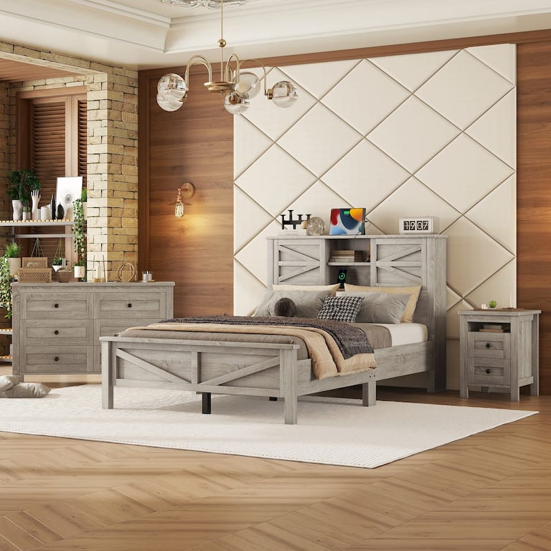 3-Pieces Bedroom Sets Farmhouse Platform Bed with Nightstand and Dresser