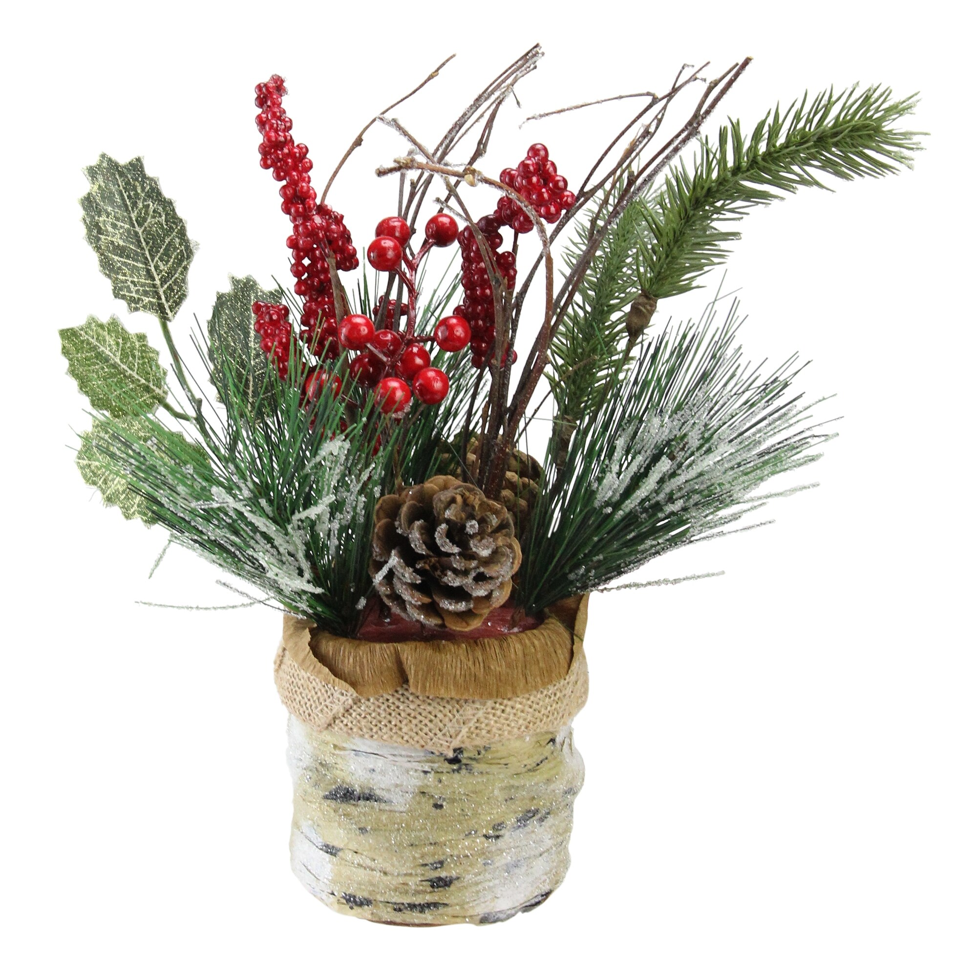 Shop 12 Brown Iced Pine Cones And Red Berries In A Burlap Basket