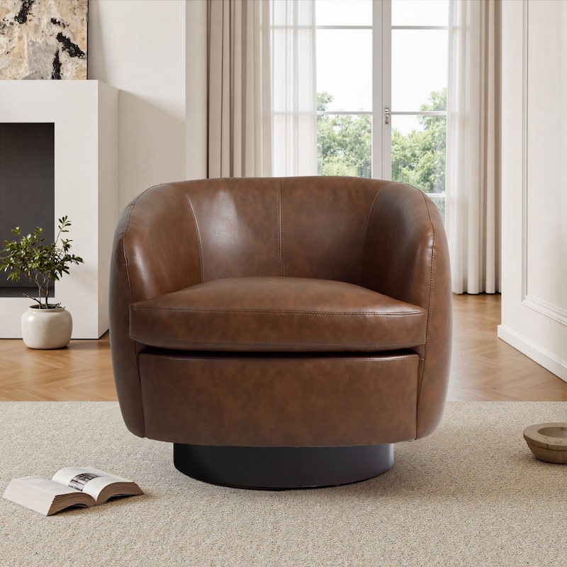 Leather Upholstered Swivel Barrel Accent Chair With Wood Base