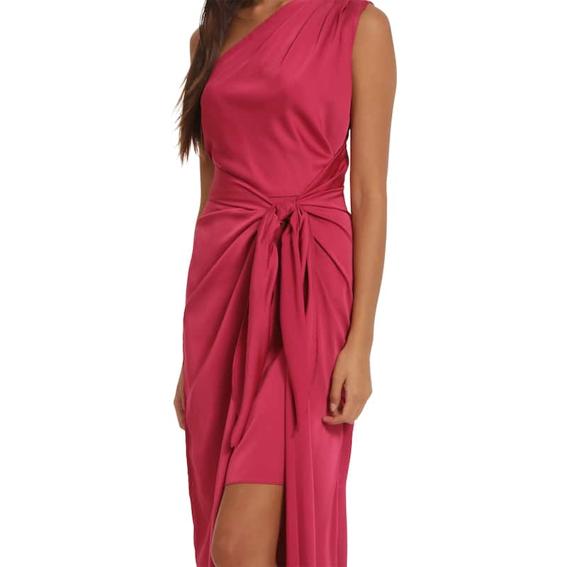 One Shoulder Sleeveless Maxi Dress With Side Tie Waist And Side Zipper