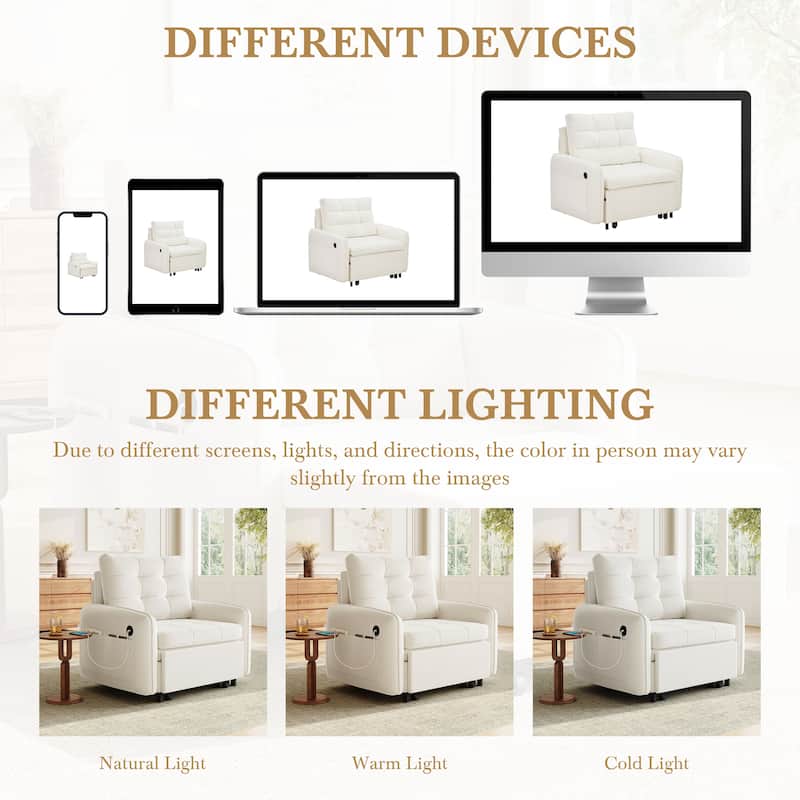 3-in-1 Chenille Accent Chair Convertible Sleeper Sofa Bed, 80" Extra Long Pull-out Chair Bed with USB and Type-C Ports