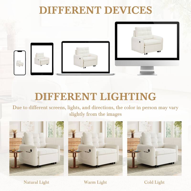 Roomfitters 3-in-1 Sleeper Chair Bed, 80'' Pull Out Lounge with USB Charging, Storage Pockets, Chenille