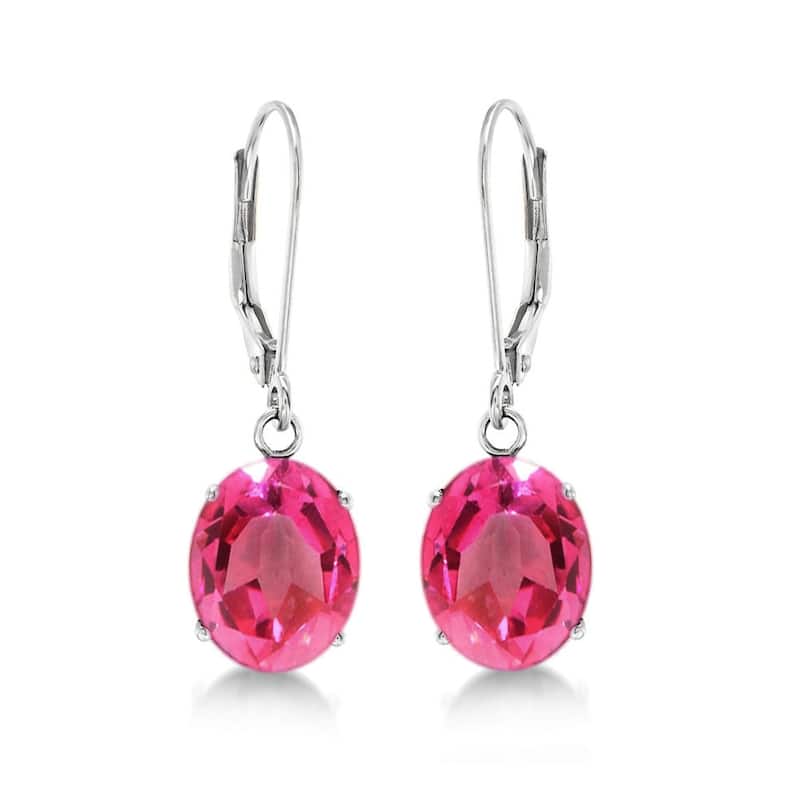 Sterling Silver 10x8 Oval Genuine Birthstone Leverback Dangle Earrings - Pink - Topaz