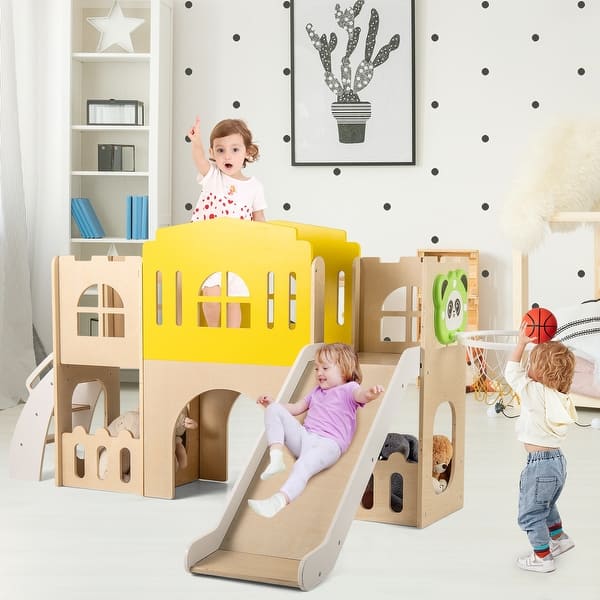 slide 2 of 9, Wooden 7 in 1 Toddler Playset with Slide Climber Tunnel and Basketball Hoop for Kids Indoor and Outdoor Play Castle Multi