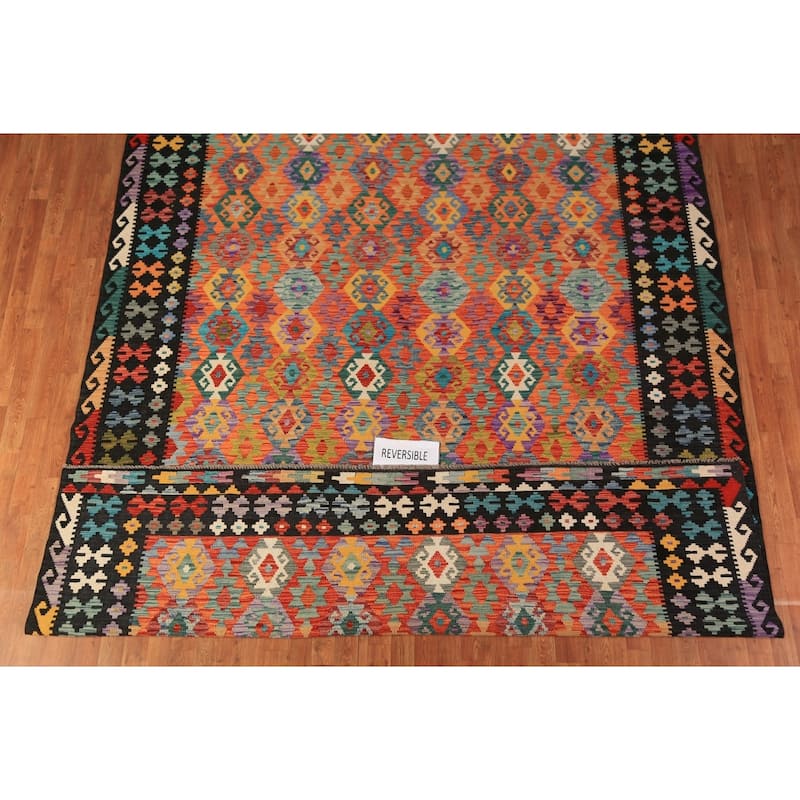 Geometric Kilim Area Rug Hand-Woven Wool Carpet - 8'8"x 11'8"