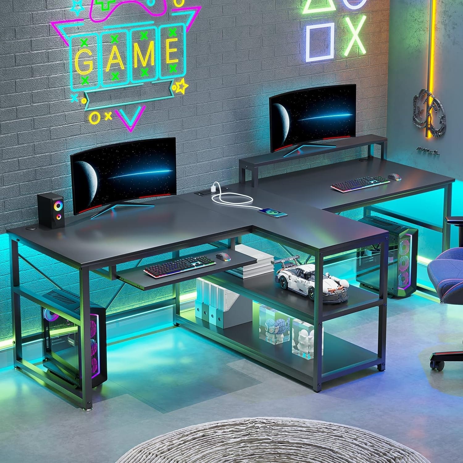 69 L Shaped Computer Desk with LED Lights &Keyboard Tray Reversible Office  Desk
