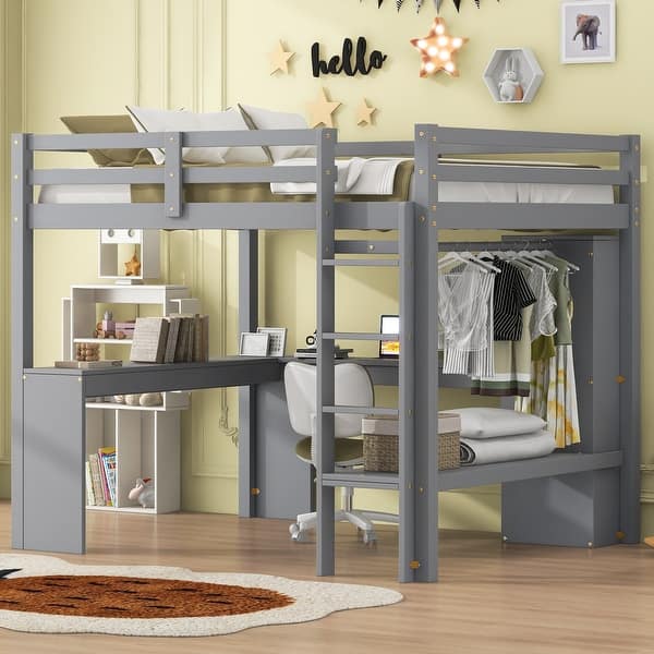 slide 2 of 22, Full Size Loft Bed with L-Shaped Desk, Wardrobe, and Storage Shelves, Includes Integrated Ladder and Length Guardrails, Grey