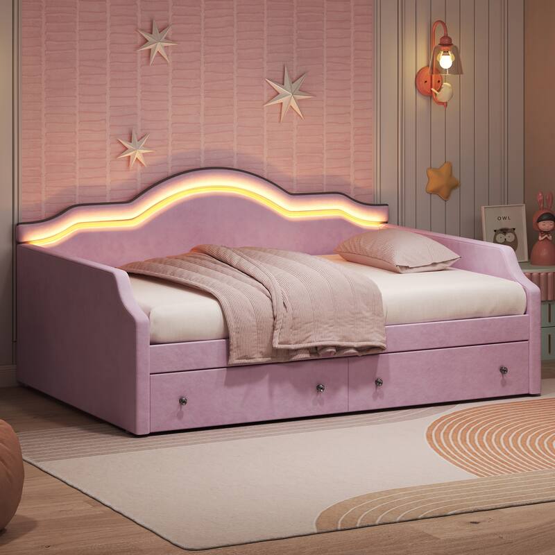 Upholstered Daybed with 2 Drawers, Wave Backrest Frame with Ambient Lighting, No Box Spring Needed Storage Sofa Bed - Pink - Full