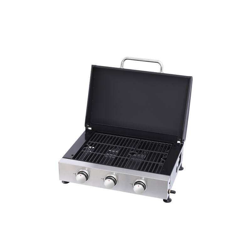 Anmytek Stainless Steel 3 Burner Portable Gas Grill and Griddle Combo with Non Stick Plate and Cast Iron Grates Foldable Design