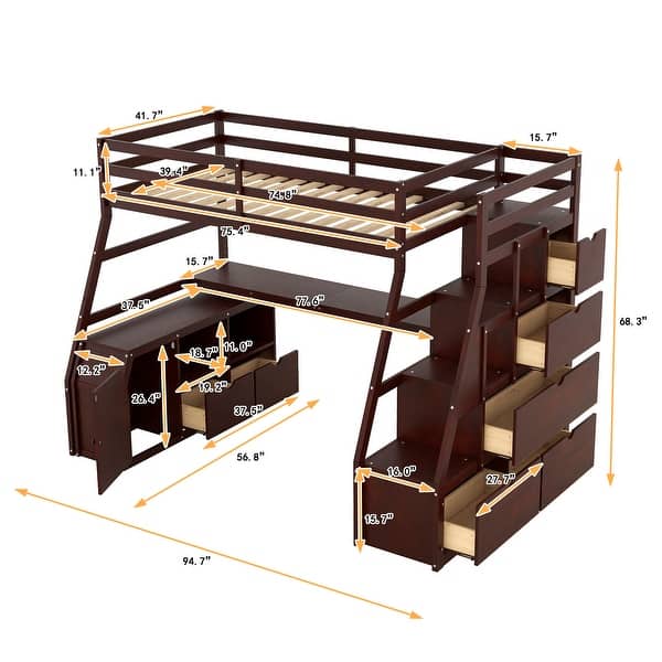 Espresso Twin Size Loft Bed with Desk and Cabinet, Storage Staircase, 7 Drawers and 2 Shelves