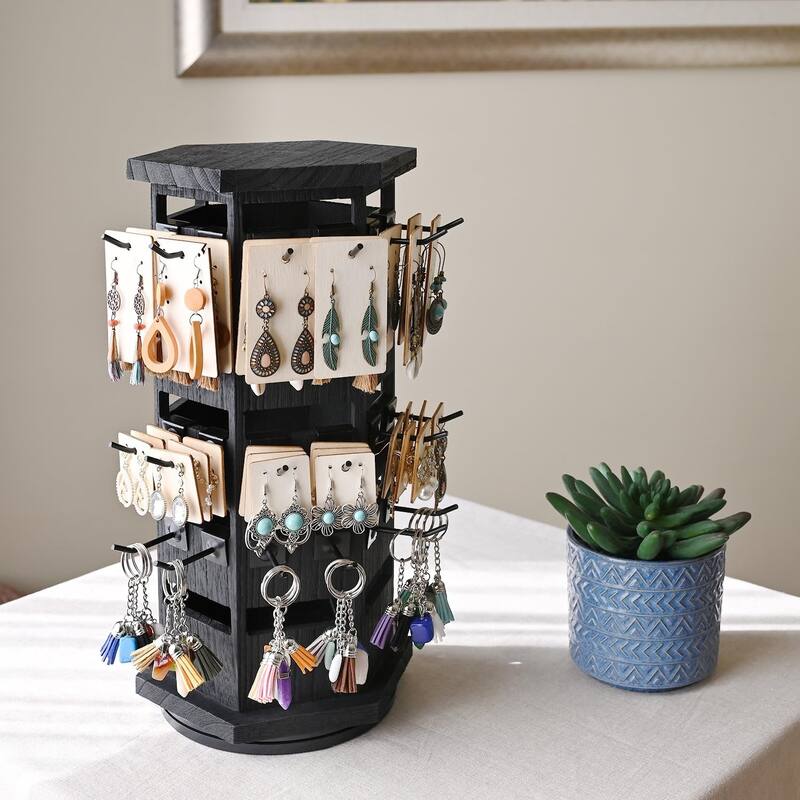 Natural Wood Hexagon 6 sided Rotating Jewelry Display Stand Tower,60 Removable Metal Hooks