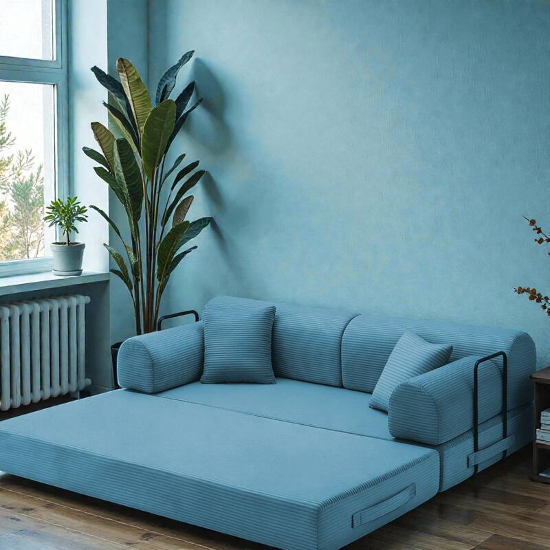 Convertible Sleeper Sofa Bed, 4-in-1 Corduroy Folding Floor Couch with Cylindrical Pillow, 2-Seat Space-Saving Lounge Sofa
