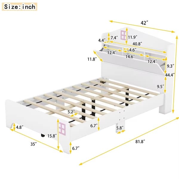 dimension image slide 0 of 4, Wooden Full/Twin Size House Bed with Storage Headboard for Kids, Sturdy Plywood and Particle Board Construction