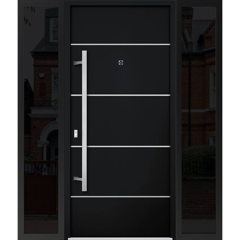 Front Prehung Steel Door 6083 Black Enamel Top Window Sidelite Stainless Inserts W36xH80+16 Lh I Bedroom Door Bathroom Door - Black - 64 x 80