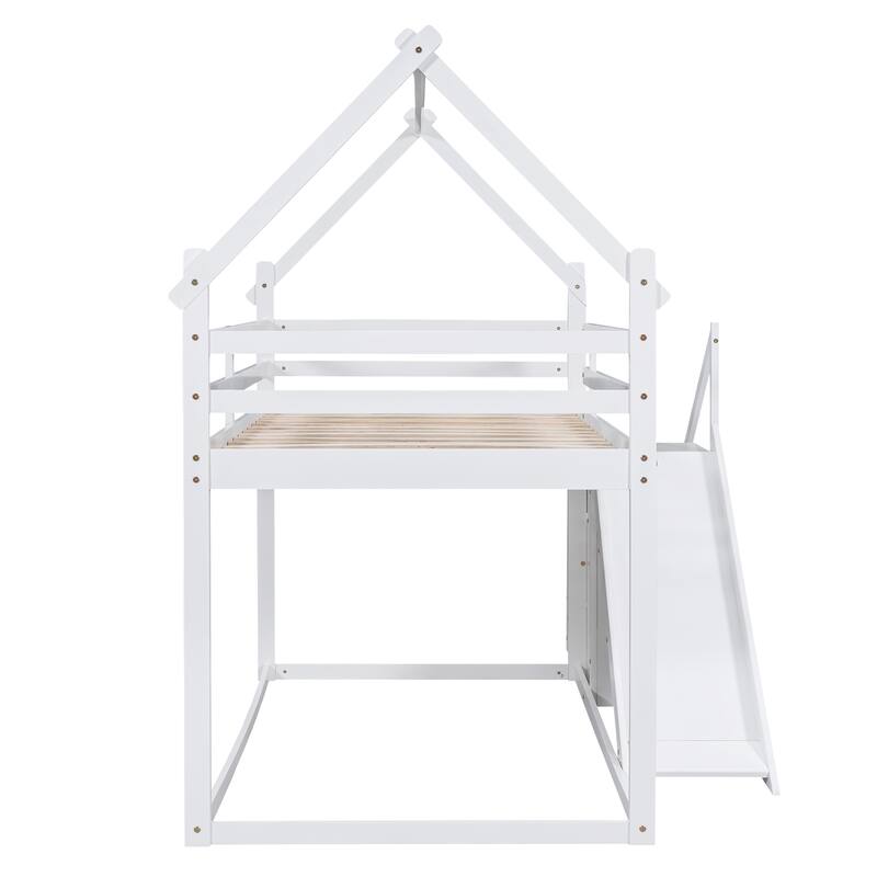 Twin over Twin Loft Bunk Bed with Slide & Staircase, House-Shaped Wood House Bed Frame & Full-Length Fence No Box Spring Needed