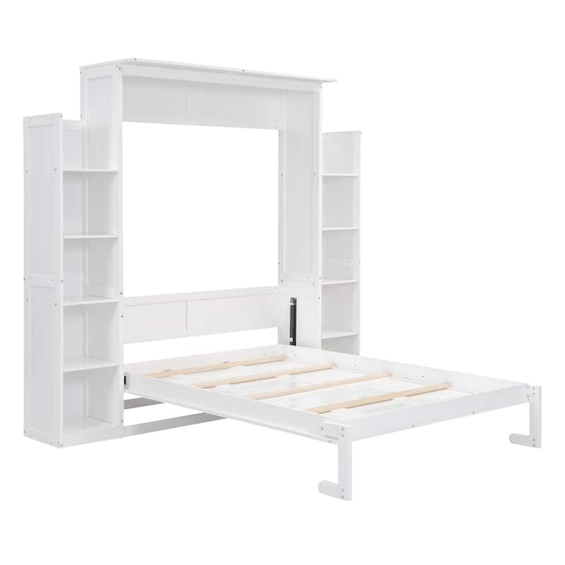 Full Size Murphy Bed Wall Bed with Shelves and LED Lights